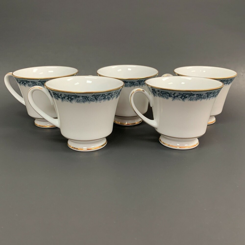Noritake Legendary Edgerow Cups Blue White‎ Gold Trim 4078 Lot of 5